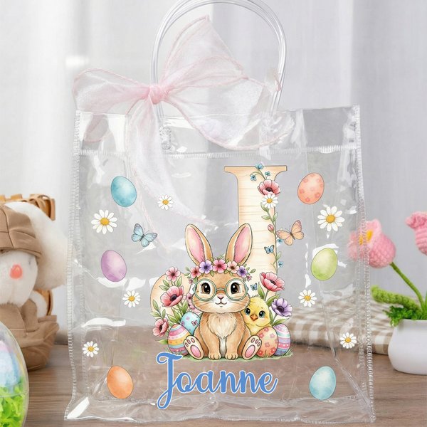 Custom Name Bunny & Floral Alphabet Easter Gift Bag with Ribbon, PVC Transparent Bag with Handles, Easter Party Favor, Easter Gift for Kids/Girls/Boys