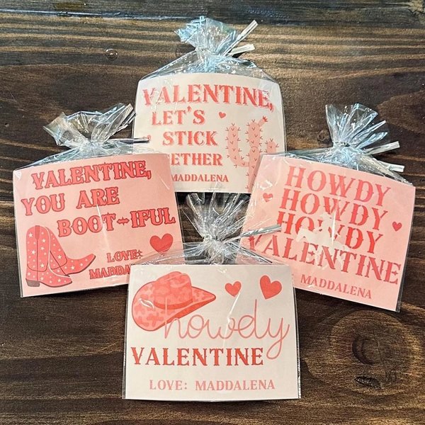 Personalized Retro Cowgirl Valentine's Day Cards with Treat Baggies, Western-Themed Classroom Favors for Kids