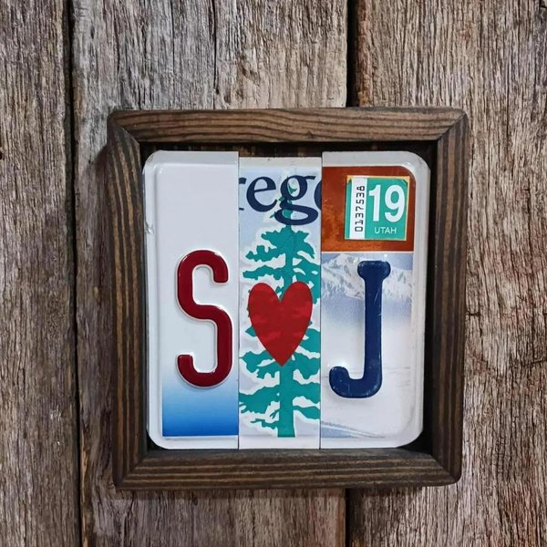 Personalized Anniversary License Plate Sign with Heart, Custom Initials Framed in Reclaimed Wood, Unique Wedding/Birthday/Valentine's Gift for Him/Her