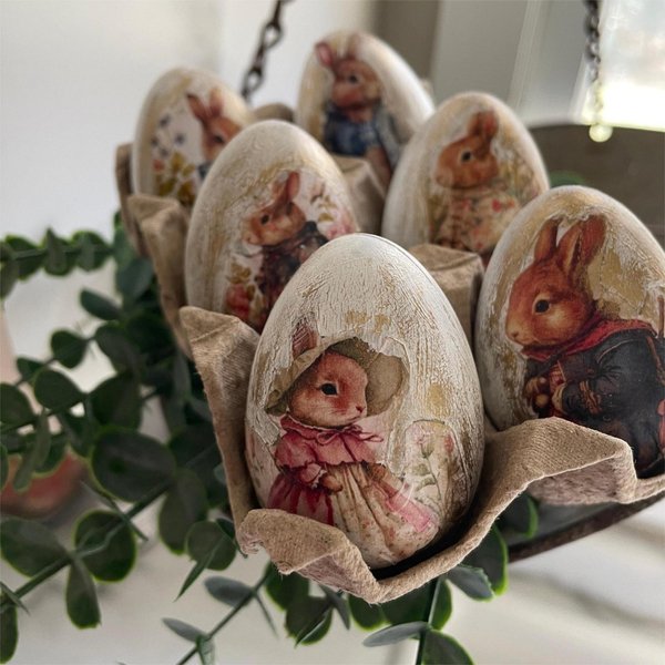 Painted Vintage Rabbit Easter Eggs, Rustic Wooden Decorative Eggs, Spring & Farmhouse Bowl Fillers, Easter Table & Home Décor Accents