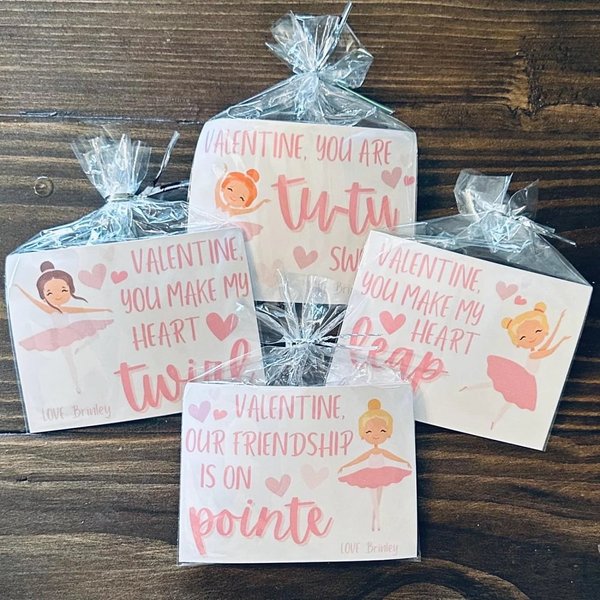 Customizable Ballerina Valentine's Day Kids Cards with Treat Baggies, Personalized Classroom Favors for Girls