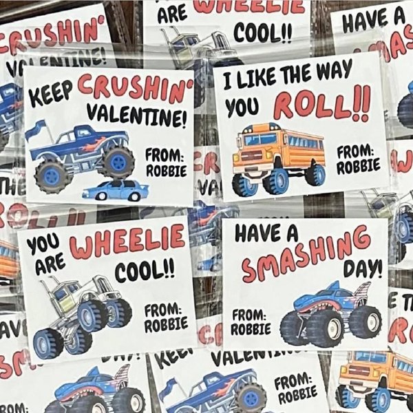 Personalized Giant Truck Valentine's Day Cards with Treat Baggies, Customized Valentine Card Set for Boy