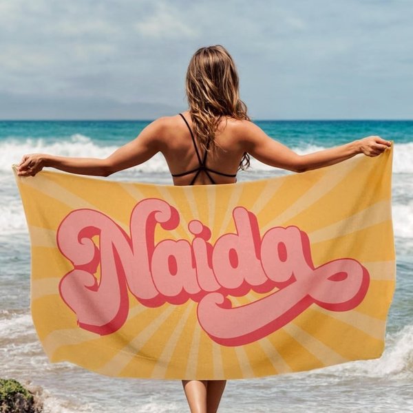 Personalized Retro 70s Style Custom Name Towel, Vintage-Inspired Pool & Beach Towel, Groovy Birthday/Vacation/Bachelorette Gift for Her & Best Friend