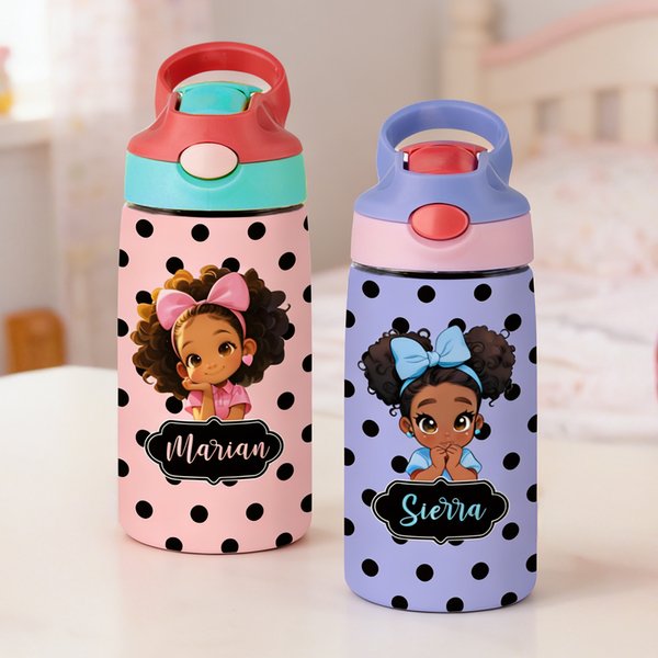Custom Name Cartoon Afro Black Girl Polka Dots Water Bottle, 16oz Kids' Cup with Silicone Straw & Handle, Back to School/Birthday Gift for Girls