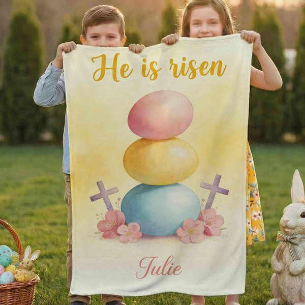Personalized Name He is Risen Cross Cartoon Blanket, Flannel/Sherpa Throw for Bed Couch, Home Decor, Easter/Birthday/Baptism Gift for Kids/Boys/Girls