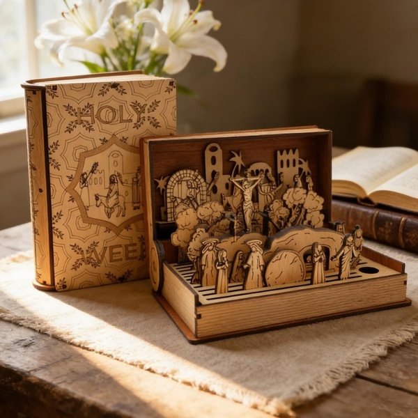 Holy Week Wooden Diorama Book, Laser-Cut Easter Story Decor, Religious Wood Puzzle & Catholic Altar Display, Easter Gift for Godfathers/Priests/Mother