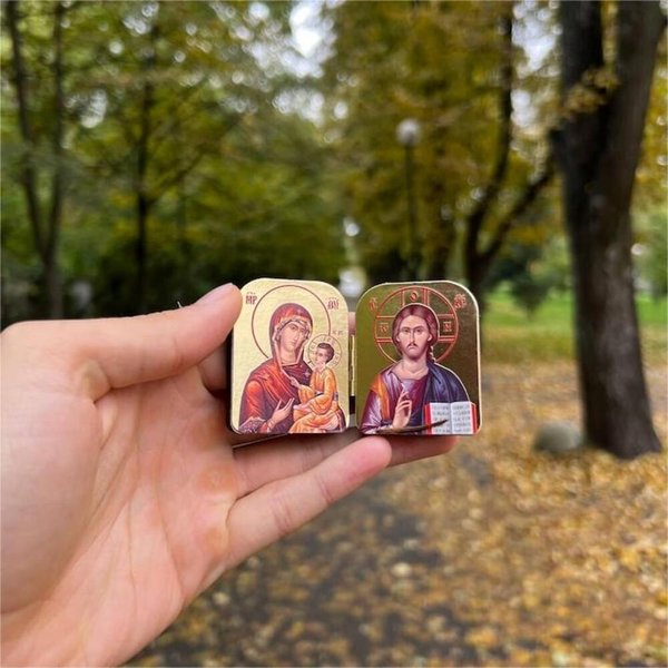 Diptych Icon of Jesus Christ & the Mother of God, 2x1.6 Inch Handcrafted Religious Medallion, Easter/Christmas Gift for Godfathers/Priests/Mother