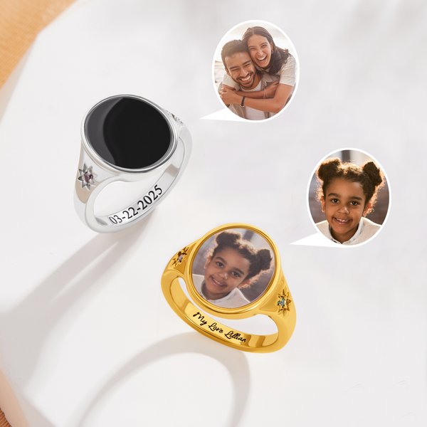 Personalized Heat-Activated Hidden Photo Ring with Two Birthstones and Text Memorable Jewelry Birthday Anniversary Gift for Women