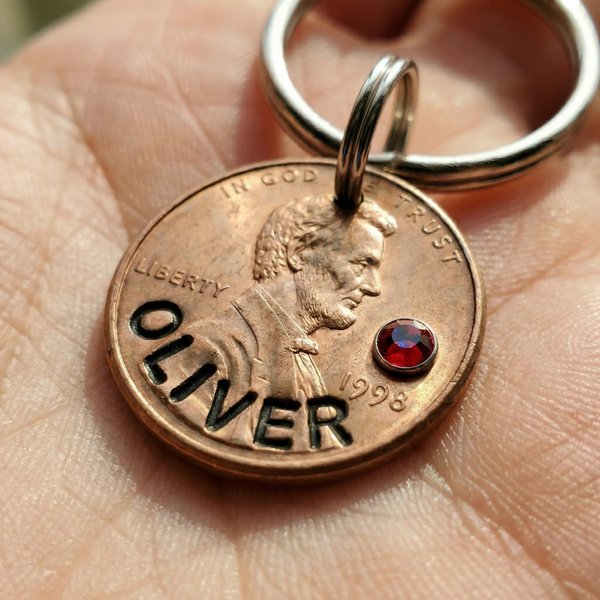 Custom Engraved Name Coin Keychain with Birthstone, Hand Stamped Pendant Keyring, Valentine's Day/Birthday/Mother's Day Gift for Family/Him/Her