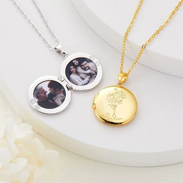 Personalized Birth Flower Photo Locket Necklace with Engraved Name Birthday Anniversary Gift for Women
