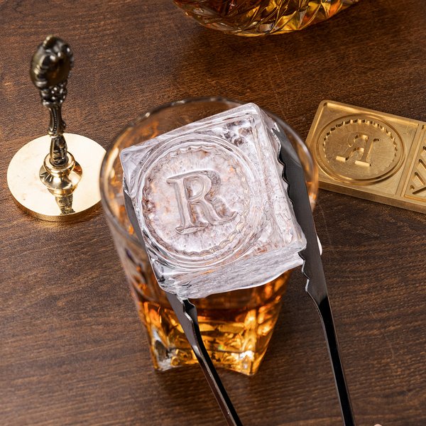 Personalized Engraved Monogram Whiskey Ice Cube Mold Tray with Stamp and Tong Bar Accessory Party Birthday Anniversary Gift for Bartender Men