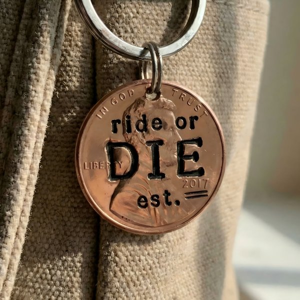 Personalized Engraved Ride or Die Coin Keychain, Hand Stamped Pendant Keyring, Memorial Keepsake, Valentine’s Day/Anniversary  Gift for Couple/Him/Her