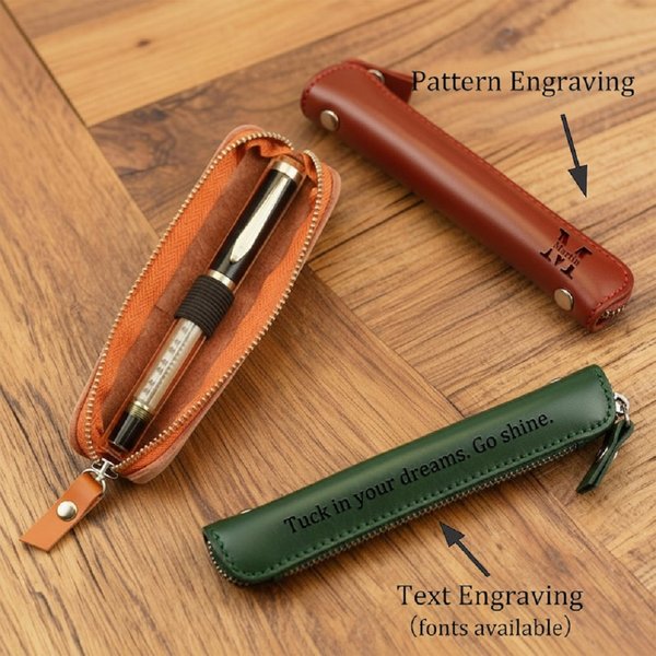 Personalized Leather Pen Pouch with Initial, Zipper Pencil Sleeve Holder, School Supplies, Back to School/Birthday Gift for Teacher/Student
