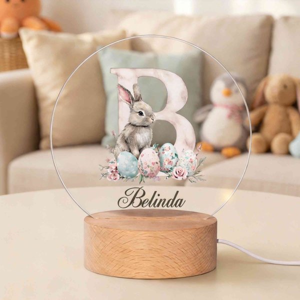 Personalized Watercolor Initial Easter Bunny Floral Eggs Acrylic LED Night Light with Name and Wooden Base Nursery Decor Easter Gift for Kids