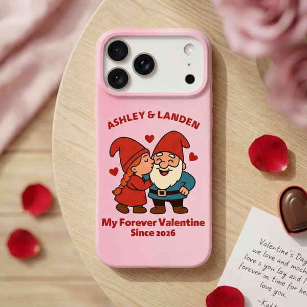 Personalized Cute Dwarf Couple Heart Rose TPU Phone Case with Name for iPhone Daily Use Valentine's Day Anniversary Gift for Couples