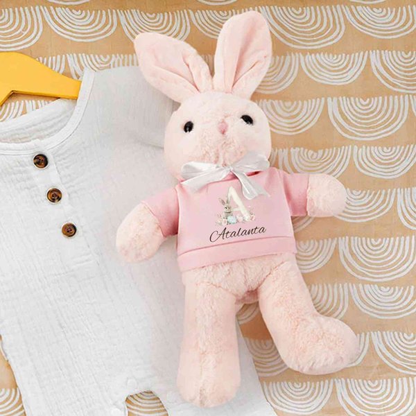 Personalized Cute T-shirt Bunny Plush Easter Bunny Stuffed Toy with Initial and Name Easter Gift for Newborns Kids