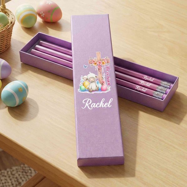 Custom He Is Risen Cross Sheep Macaron-Colored Box of 12 HB Pencils Stationery Set with Name, School Supplies, Easter/Back to School Gift for Kids