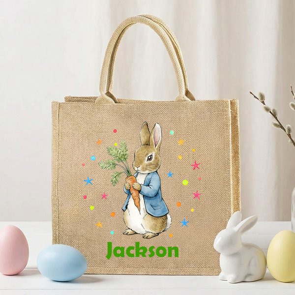Personalized Name Easter Peter Rabbit & Farm Animal Design Tote Bag, Large Capacity Easter Egg Hunt Jute Bag, Easter Party Gift for Kids/Boys/Girls
