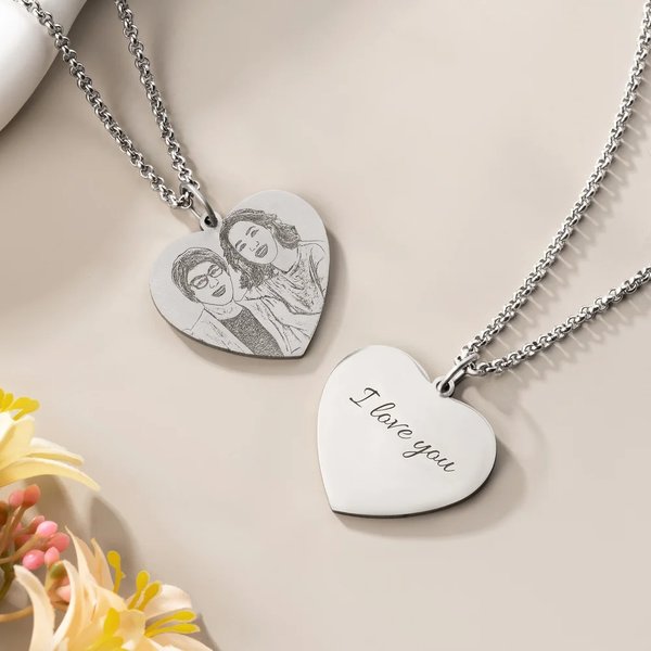 Personalized Engraved Heart Photo Sterling Silver Necklace with Text Mother's Day Valentine's Day Anniversary Gift for Family Friend
