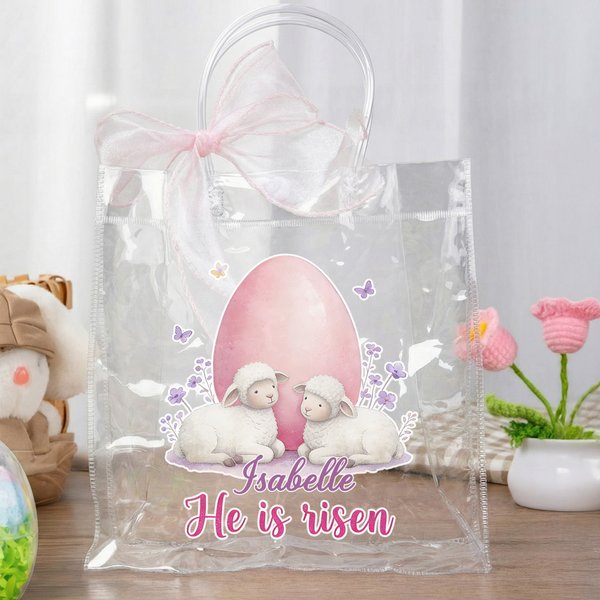 Custom Cross Easter Eggs Sheep He Is Risen Gift Bag with Name and Pink Bow Ribbon, PVC Clear Easter Egg Hunt Bag, Easter Party Favors Gift for Kids