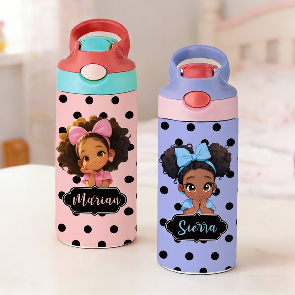 Custom Name Cartoon Afro Black Girl Polka Dots Water Bottle, 16oz Kids' Cup with Silicone Straw & Handle, Back to School/Birthday Gift for Girls