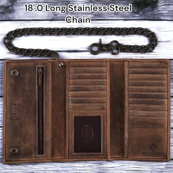 Personalized Engraved Name Leather Tri-Fold Wallet with Chain, Birthday/Anniversary Gift for Husband/Biker/Truck Driver