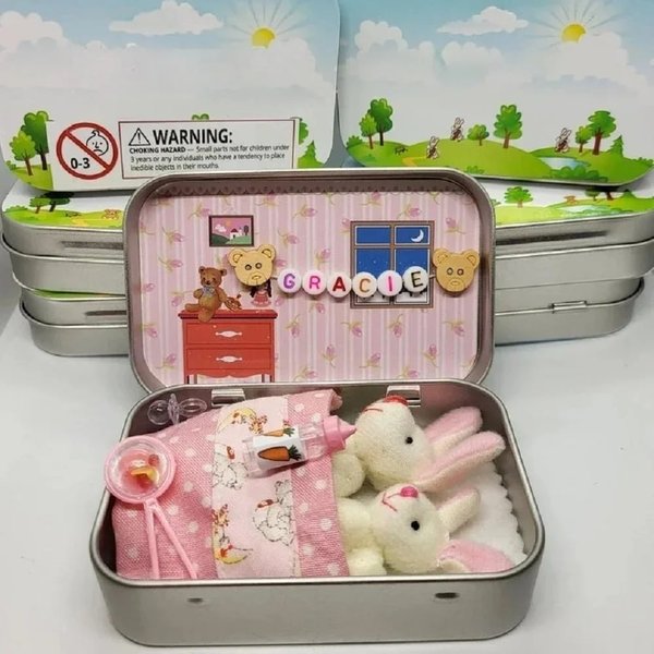 Custom Bunny Mummy Tiny Plush Pocket Tin with Name, Pocket Teddy Bear in Tin, Role Play Toy, Anxiety Easter Gift for Kids