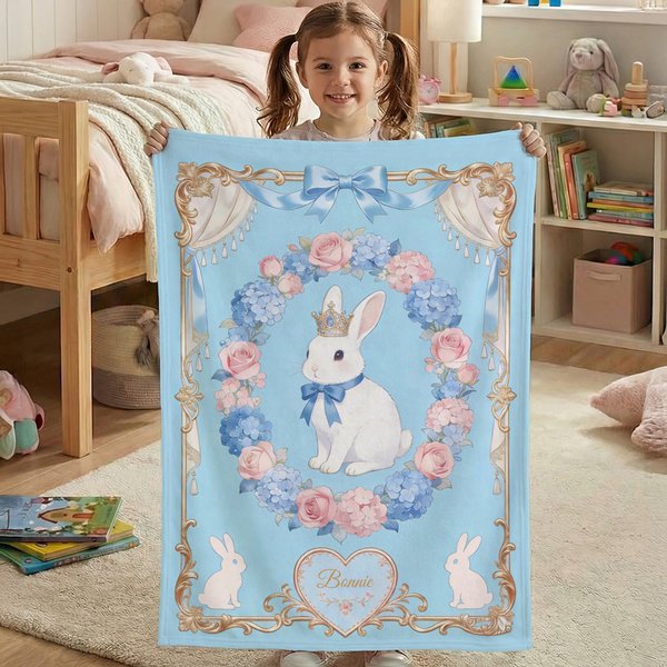 Personalized Bow Frame Floral Crown Rabbit Blanket with Name, Flannel/Sherpa Throw for Bed Couch, Home Decor, Easter/Birthday Gift for Kids/Boys/Girls