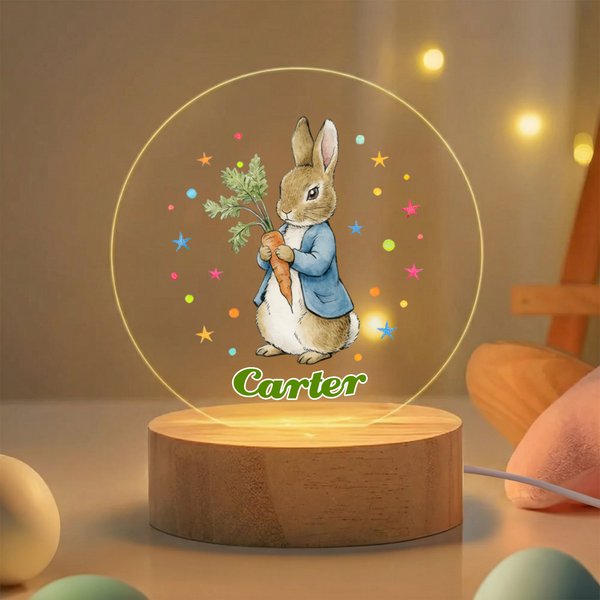 Custom Easter Peter Rabbit Farm Animal Design Night Light with Name, Acrylic Night Lamp with Wooden Base, Home Decor, Birthday/Easter Gift for Kids