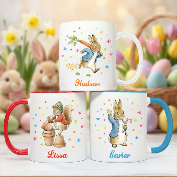 Personalized Easter Peter Rabbit Mug with Name, Custom Coffee Cup with Coaster, Easter/Birthday Gift for Kids