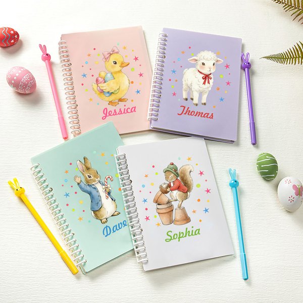 Personalized Easter Peter Rabbit A5 Spiral Notebook with Name, Custom Lined Notebook & Pen Set, Easter/Birthday Gift for Kids & Readers