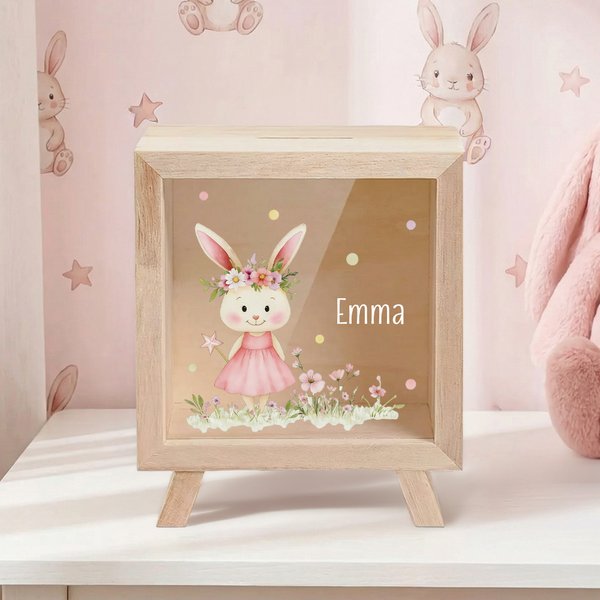 Personalized Floral Cartoon Bunny Piggy Bank with Name, Wooden Clear Window Money Box Saving Bank, Home Decor, Easter/Birthday Gift for Kids