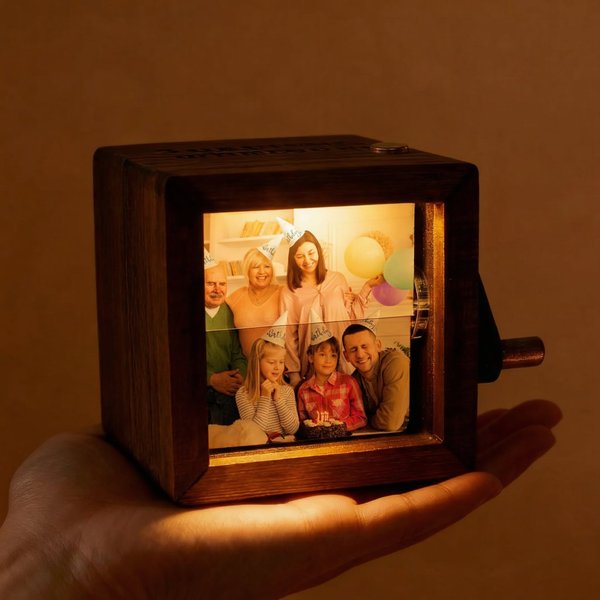 Personalized Wooden Photo Album with Light, Hand Crank Rotating Picture Box, Meaningful Mother’s Day Gift for Mom & Family