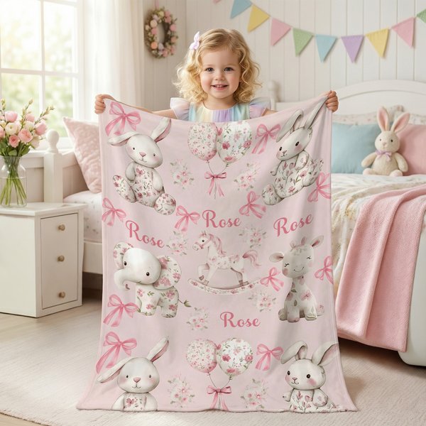 Personalized Floral Bow Animals Blanket with Name, Flannel/Sherpa Cute Bunny Throw for Bed Couch, Nursery Decor, Birthday/Easter Gift for Kids/Girls