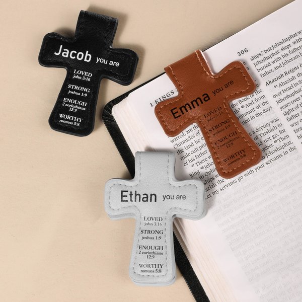 Custom Name Inspirational Bible Verses Cross Leather Magnetic Bookmark Clip, Baptism/First Communion/Back to School Gift for Christians Bookworms
