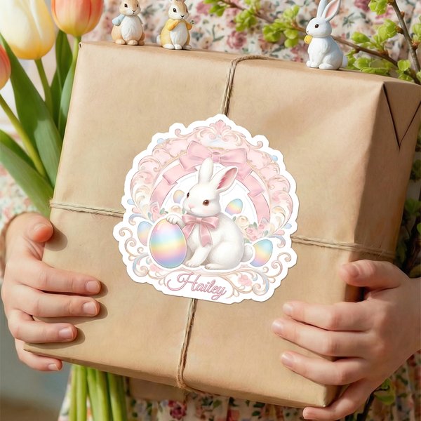 Personalized Bunny Rainbow Eggs Easter Stickers with Name, Cute Name Tags for DIY Gift Decoration, Festival Party Favors, Easter Gift for Kids