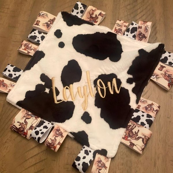 Personalized Cow Print Cowboy Baby Security Blanket, Custom Embroidered Name Minky Tag Blanket, Ribbon Taggies Toy, Baby Shower Gift