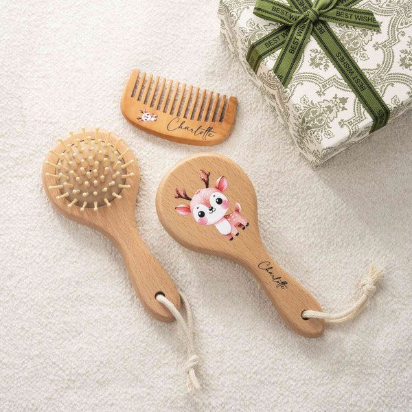 Personalized Cute Forest Animals Baby Hair Brush Comb Set with Name, Wooden Baby Brush & Comb Set of 3, Birthday/Baby Shower Gift for Boys/Girls