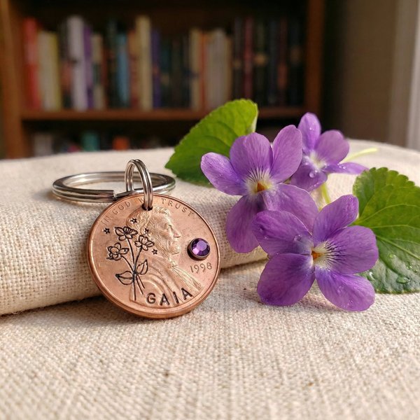 Personalized Birth Flower & Birthstone Penny Keychain, Custom Name & Birth Year Coin Keepsake, Meaningful Birthday Gift for Daughter/Mom/Best Friend