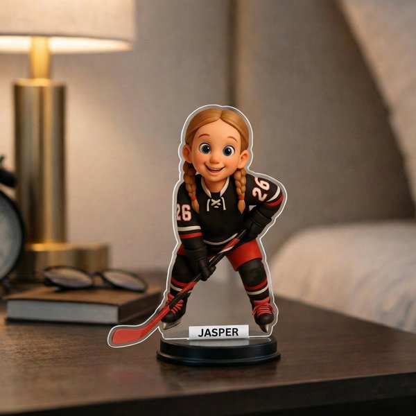 Custom Ice Hockey Cartoon Acrylic Standee, Personalized Hockey Player Photo Cutout, Clear Acrylic Desk Decor Gift for Kids/Sports Fans