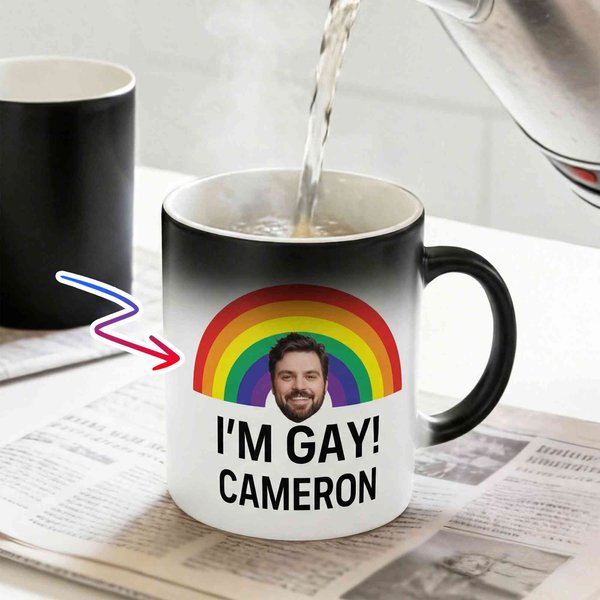 Personalized Funny Rude I'm Gay Rainbow Face Photo 12 oz Thermochromic Ceramic Coffee Mug with Name Pride Month Birthday Gift for Gay Men