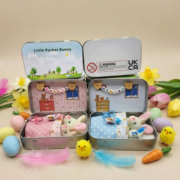 Custom Bunny Mummy Tiny Plush Pocket Tin with Name, Pocket Teddy Bear in Tin, Role Play Toy, Anxiety Easter Gift for Kids