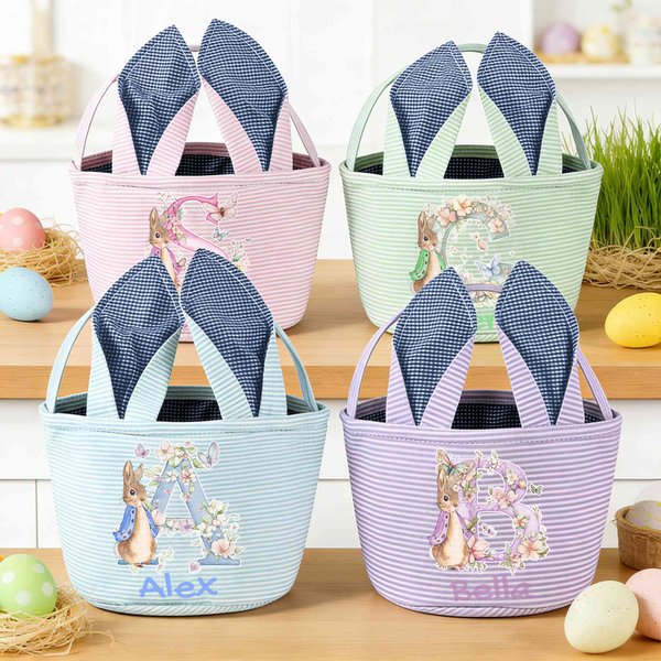 Personalized Cute Peter Rabbit Flower Butterfly Initial Bunny Ears Striped Easter Basket with Name Easter Eggs Hunting Party Favor Gift for Kids