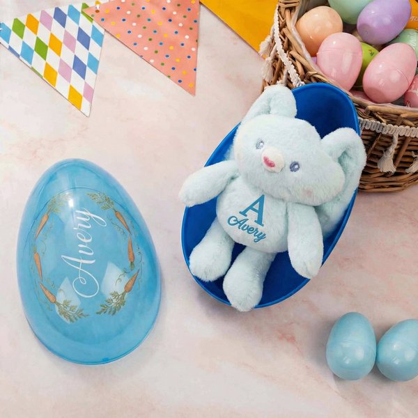 Personalized Stretchy Easter Bunny Plush in Surprise Egg, Custom Name Pull-to-Extend Legs Keychain Toy, Easter Gift for Girls & Boys