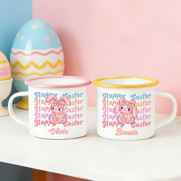 Personalized Name Happy Easter Y2K Bunny Enamel Mug, 12oz Multicolor Coffee Cup with Handle, Easter Party Favor, Easter Gift for Kids/Boys/Girls