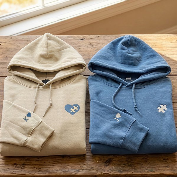 Personalized Embroidered Sweatshirt with Heart & Puzzle Piece, Custom Initials Multicolor Couples Hoodie, Anniversary/Valentine’s Day Gift for Her/Him