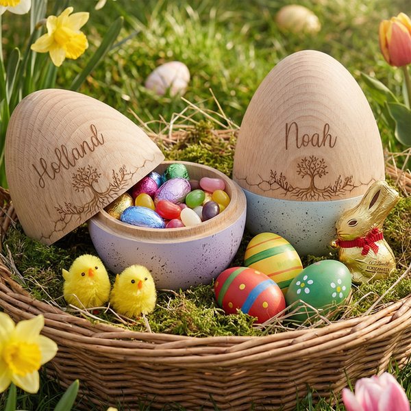 Personalized Engraved Wooden Easter Egg with Custom Name, Fillable Bunny/Flower/Tree/Star Keepsake, Reusable Easter Basket Decor & Gift for Kids