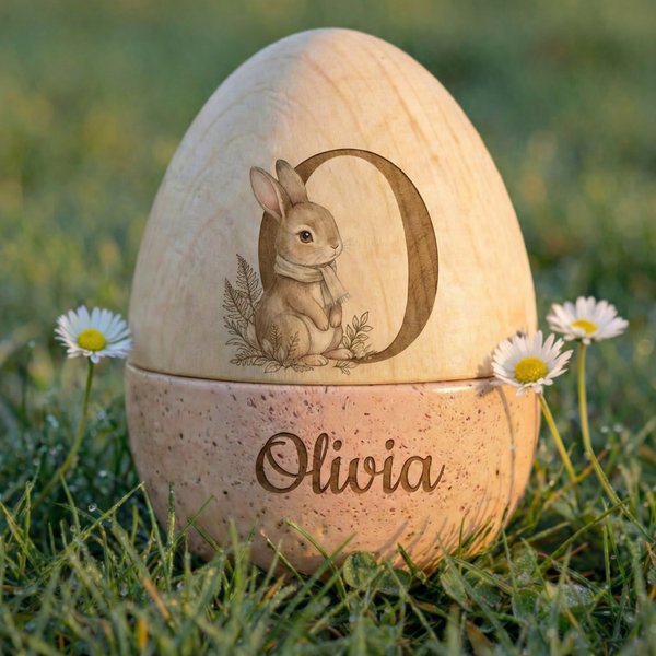 Personalized Engraved Name and Initial Bunny Design Wooden Easter Egg, Basket Stuffers, Farmhouse Spring Tabletop Decor, Easter Gift for Kids