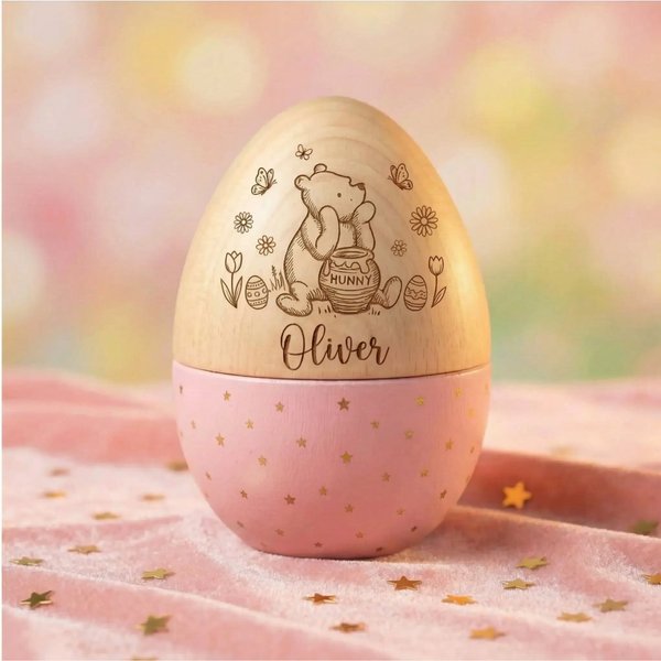 Personalized Engraved Cute Bear Floral Large Wooden Hollow Easter Egg with Name, Fillable Easter Basket Stuffer, Reusable Easter Gift for Kids