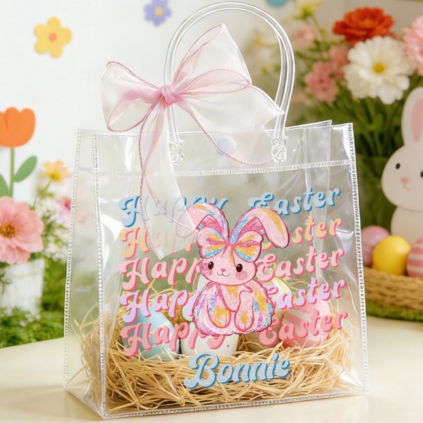 Personalized Happy Easter Y2K Bunny Gift Bags with Pink Bow Ribbon, Customized Name Gift Bags, Easter Rabbit Bags, Adorable Easter Presents for Girls